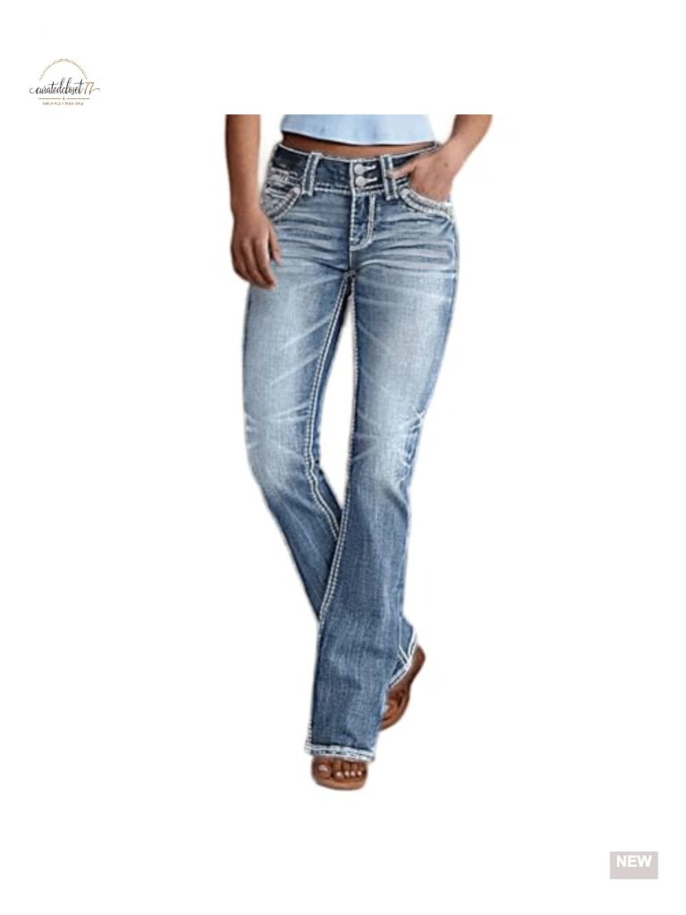 Mid Rise Bootcut Jeans Stretchy Slim Fit Button Flare Pants